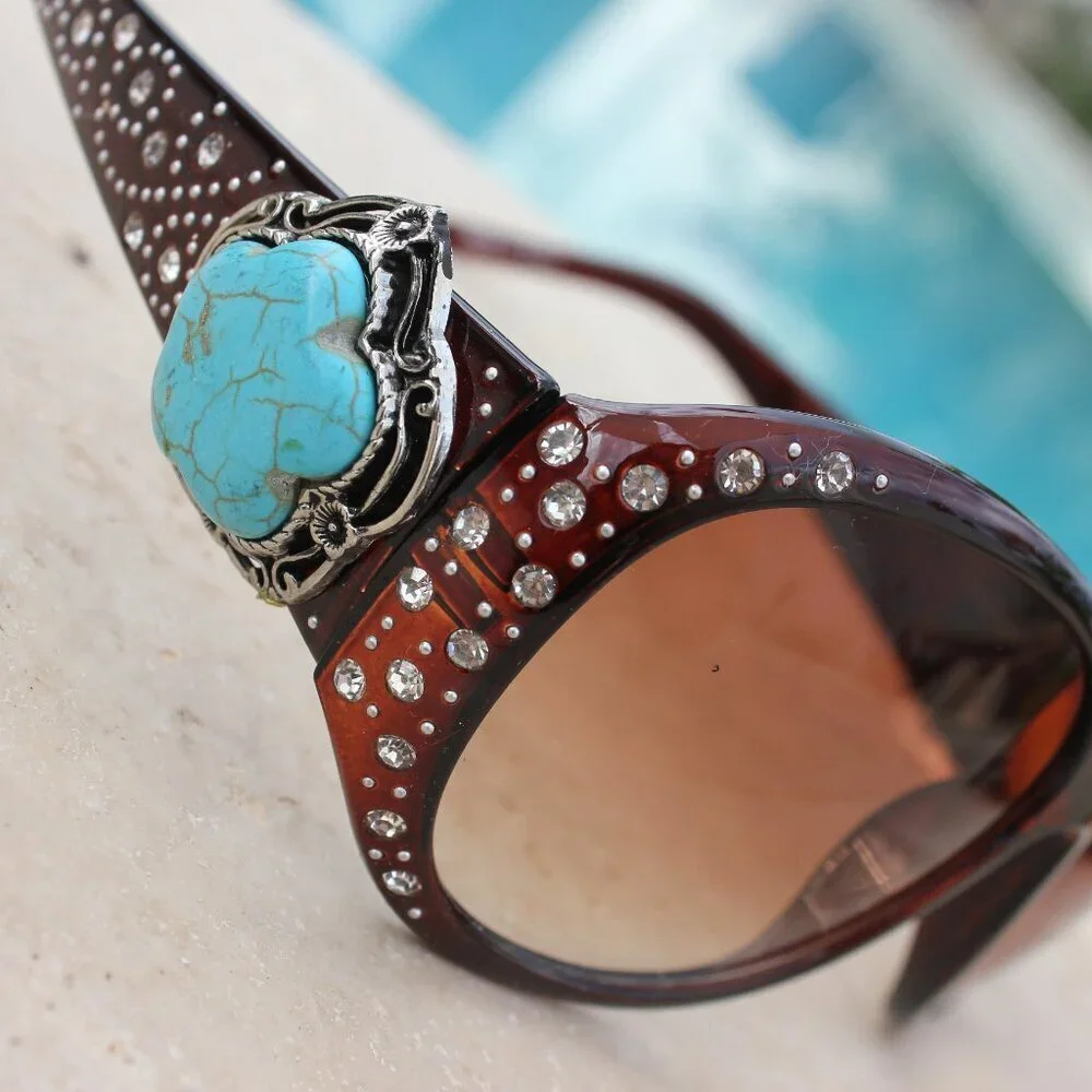 Montana West Sunglasses in Coffee w/Turquoise Flower Concho Accents